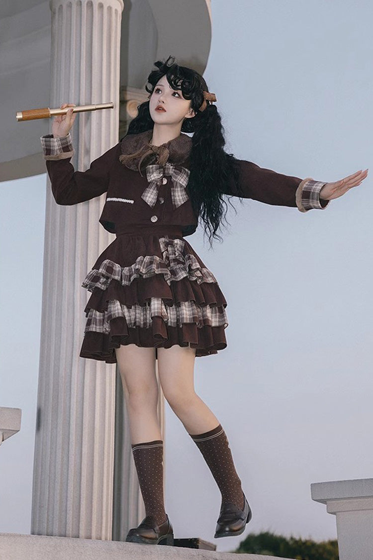 Chocolate Multi-Layer Bowknot College Autumn-Winter Princess Sweet Lolita Skirt Set