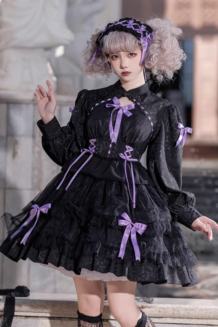 Love Song Long Sleeves Multi-Layered Jacquard Ruffle Bowknot Sweet Gothic Dress