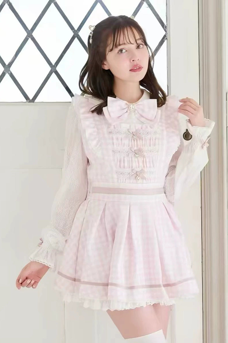 Lapel Collar Plaid Print Bow Plus Size Jirai Dress and Shorts Set in Three Colors