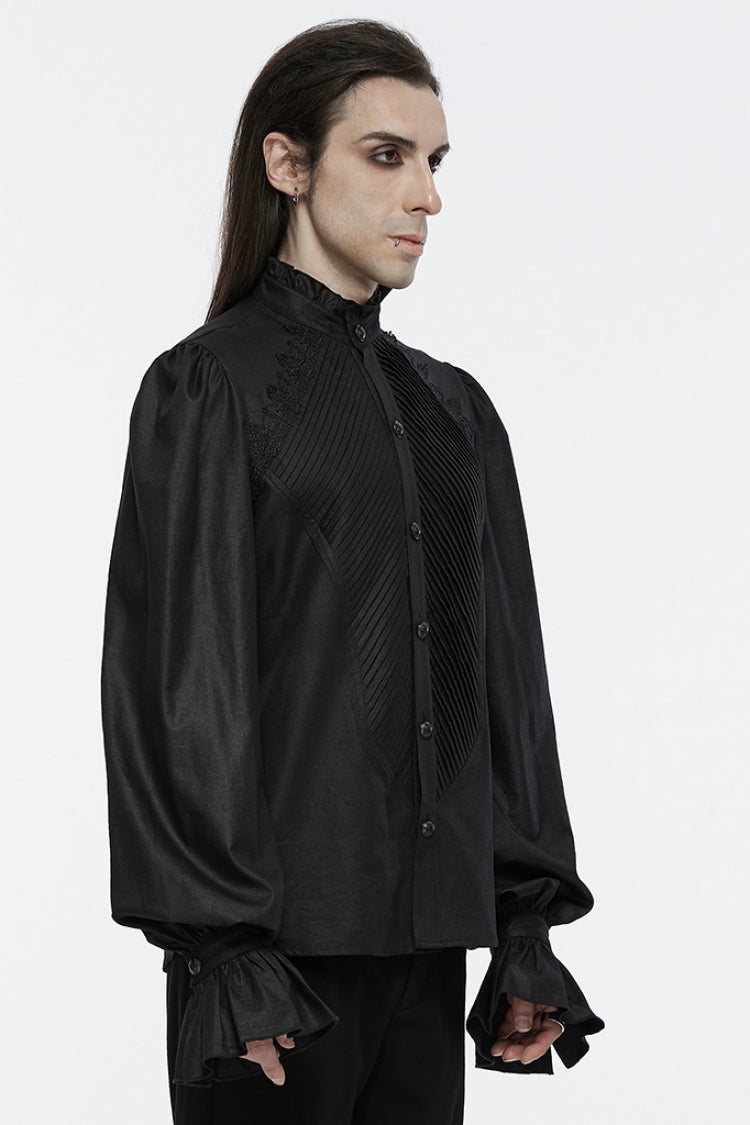 Jet-Black Gothic Blouse with Puffed Sleeves and Lace Accents for Men
