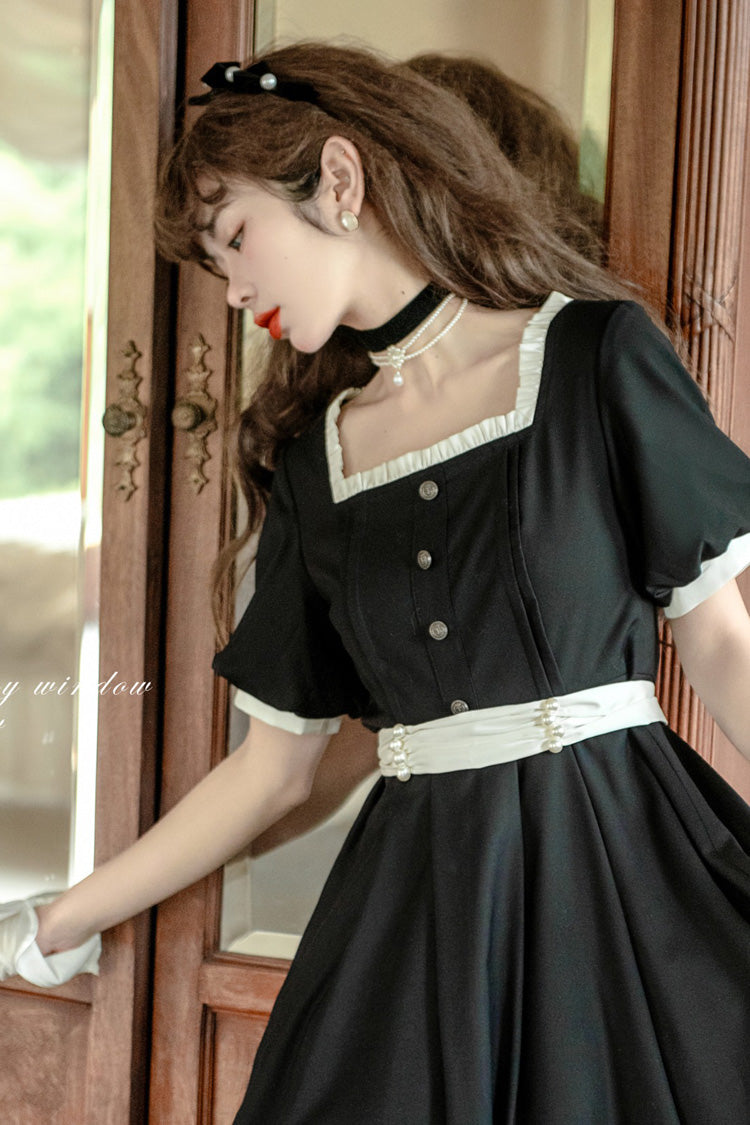 Black Random Thoughts Square Collar Classic Vintage Gown
