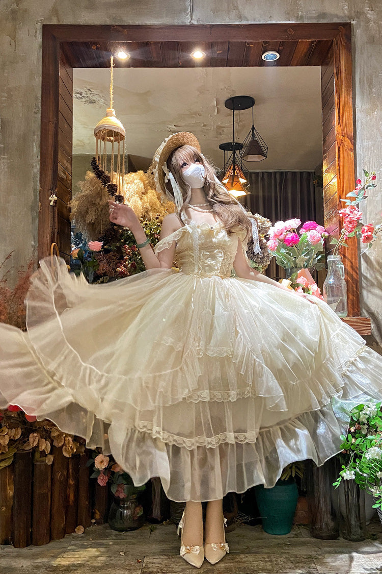 Apricot Sweet Vintage Lolita JSK Dress with Ruffle Cardigan Bowknot Lace and Elegant Style