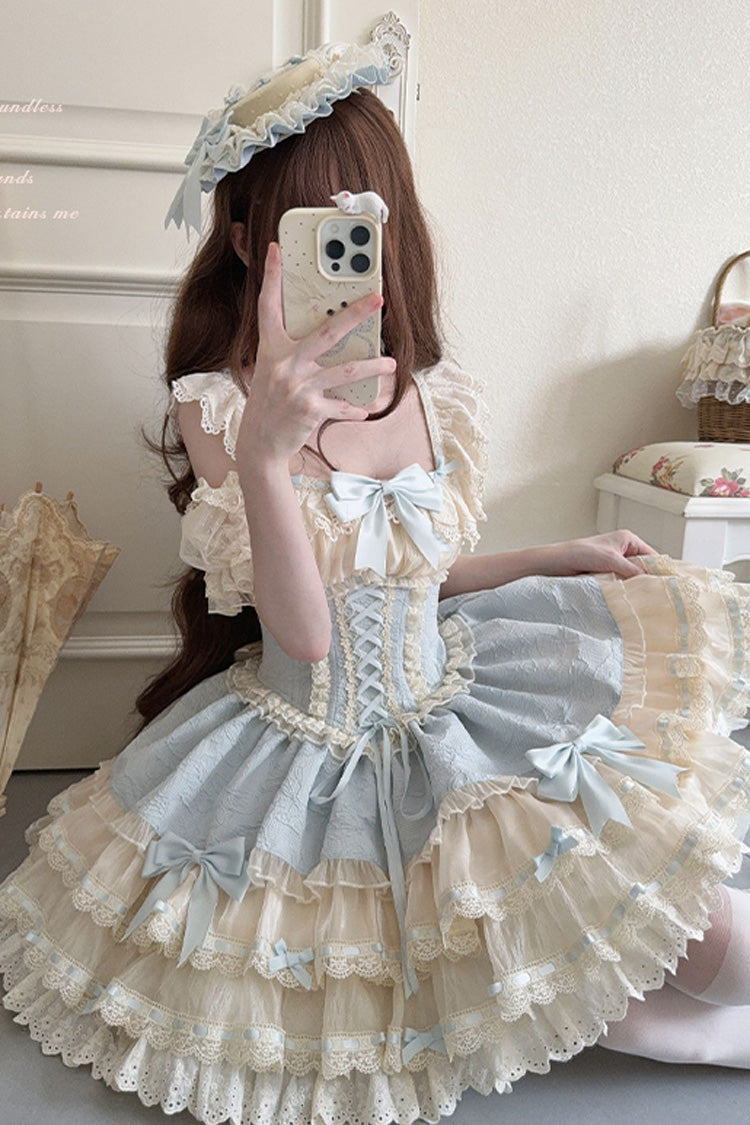 Blue Double-Layered Ruffled Bow Lace-Up Sweet Ballet JSK - Flory Butterfly