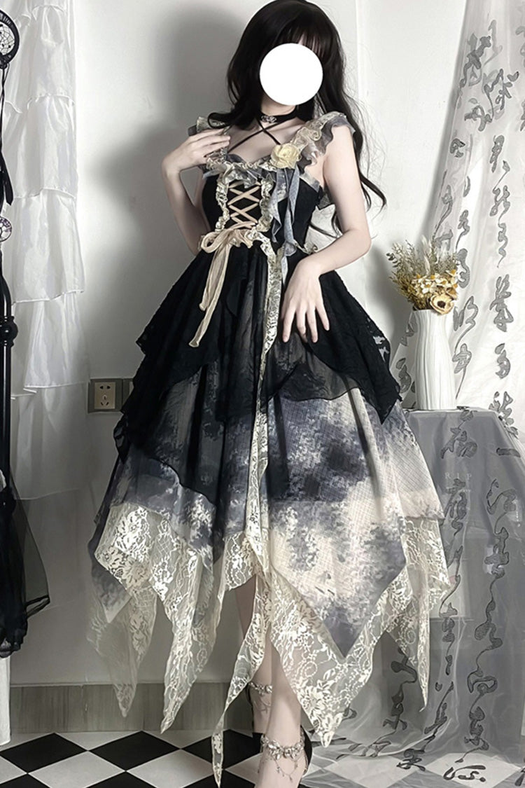 Ink Lace Sleeveless Gown with Poetic Print and Flowing Hem