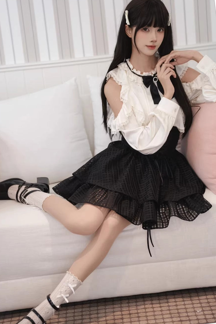 Black and White Round-Collar Cut-Out Bow Lace-Up Elegant Skirt Set