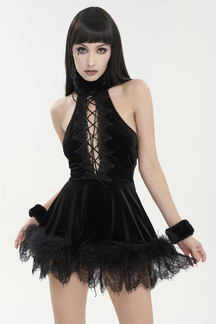 Plush Black Fluffy Splice Velvet Halter Gothic Dress