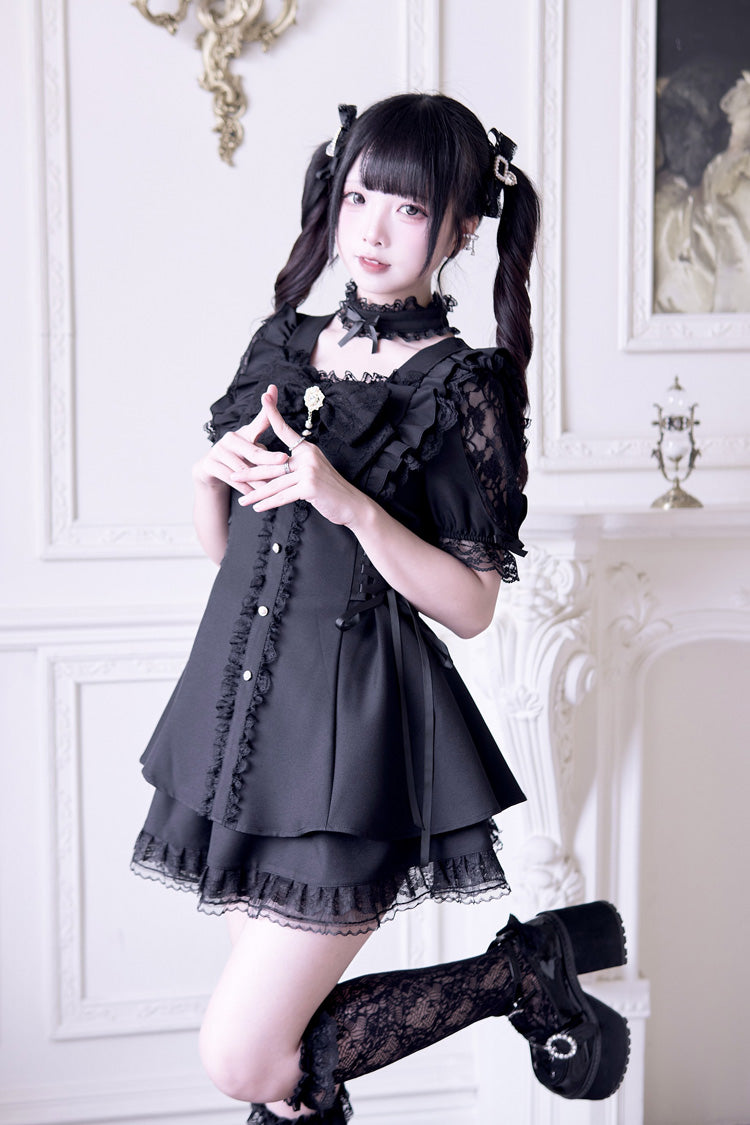 Waltz Bow Gothic Short-Sleeve Jirai Kei Dress Set - Black