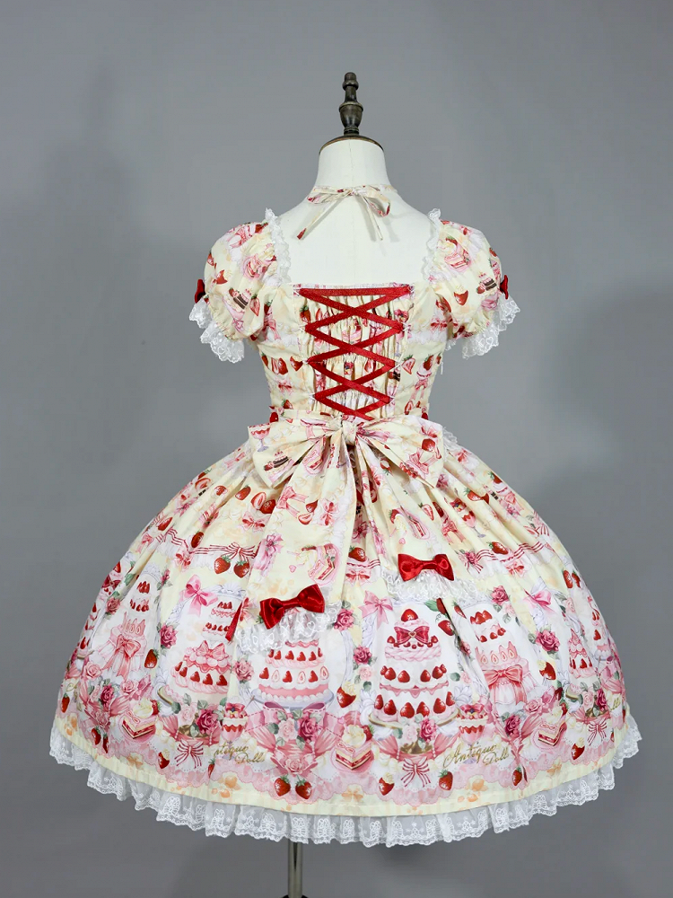 Yellow Full Lolita Set Print Strawberry Sweet Cake Accents Bow Dress /