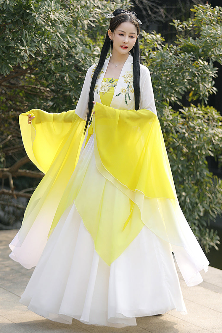 Ivory and Yellow Gradient Embroidery Asymmetric Sweet Hanfu Full Outfit