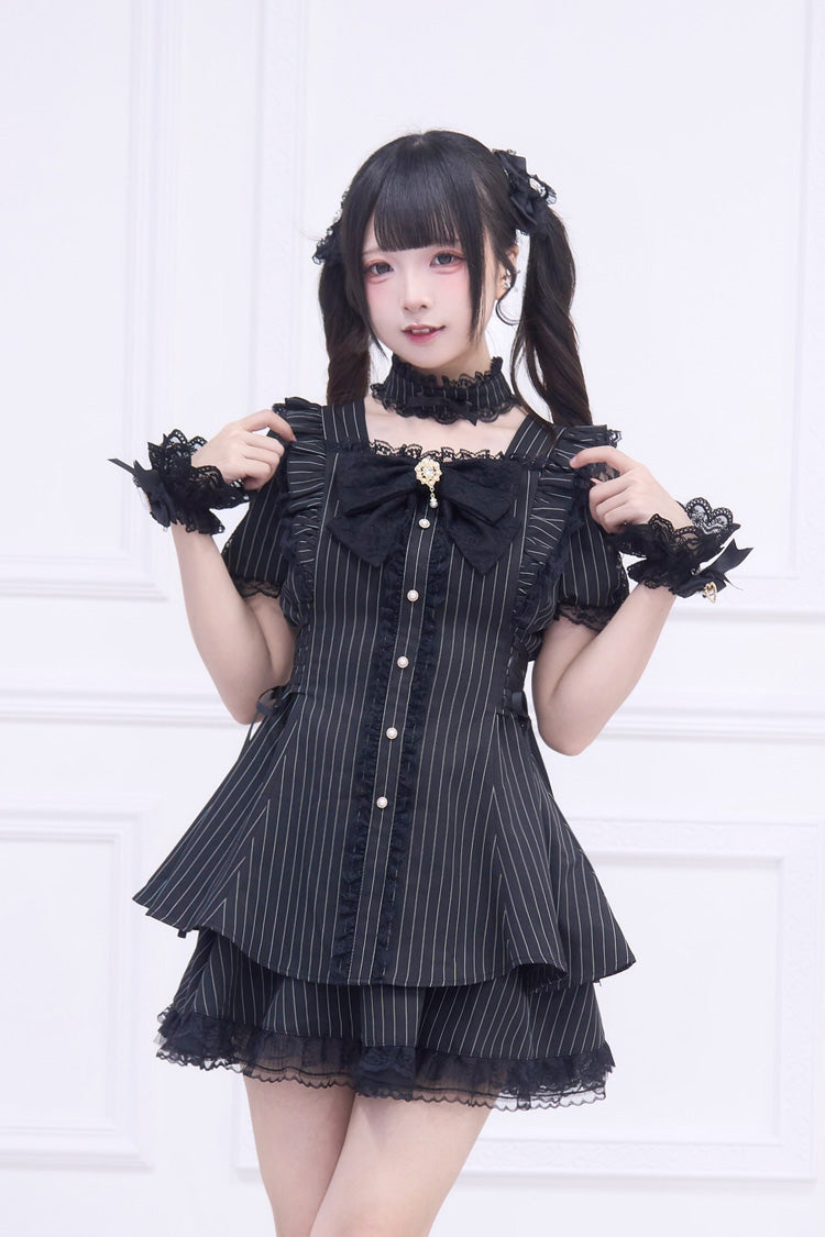 Black Waltz Short Sleeve Stripe Print Ruffle Bow Gothic Jirai Kei Dress Set