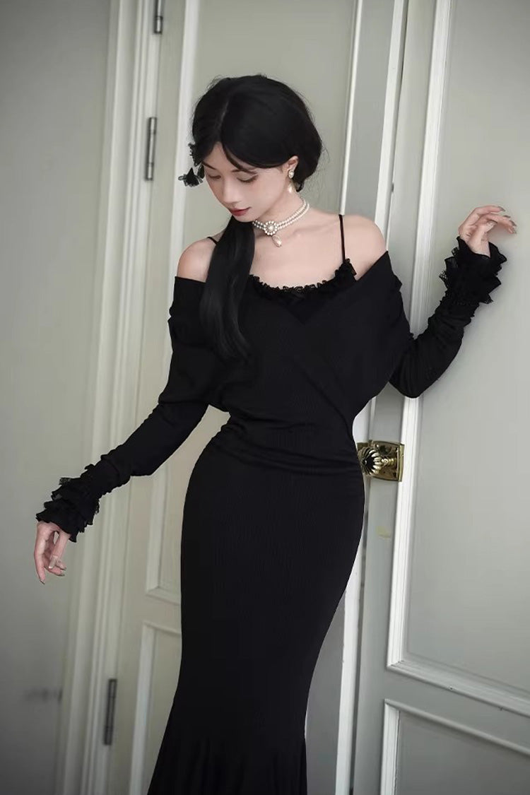 Slim Gothic Fishtail Dress with Stretch Knit - Black