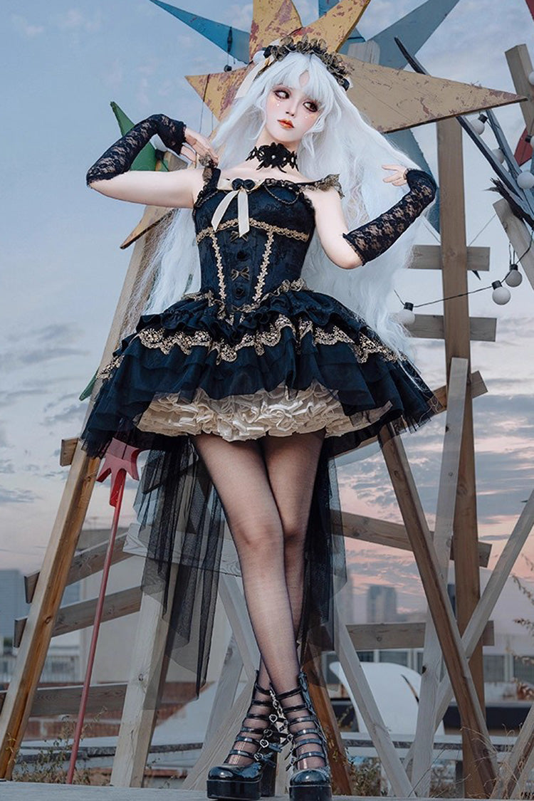 Sleeveless Multi-Layered Ruffle Bow Lace Gothic Ballet Jsk Dress