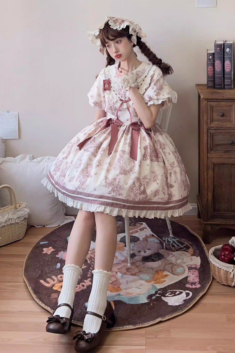 Grape Moon Almanac Short-Sleeve Multi-Layer Printed Ruffled Bow Sweet Lolita Dress