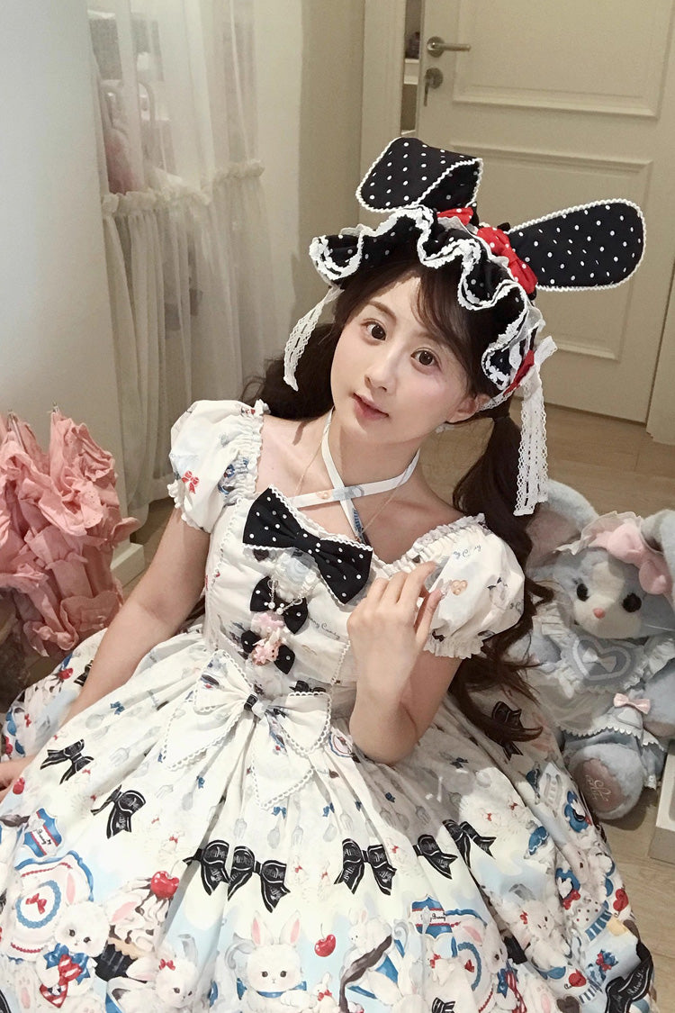 Square Collar Short Sleeve Print Ruffle Sweet Lolita Dress Beige