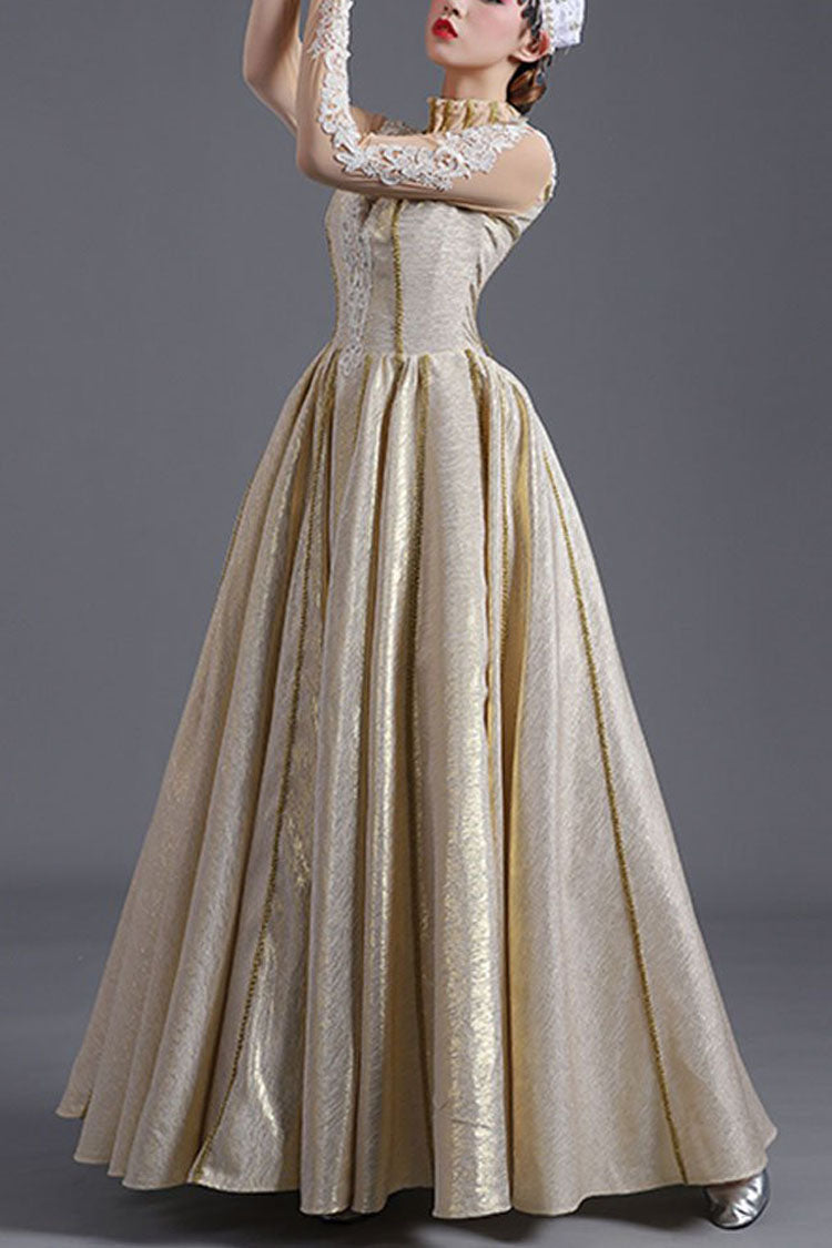Golden Embroidered High-Waist Victorian Gown
