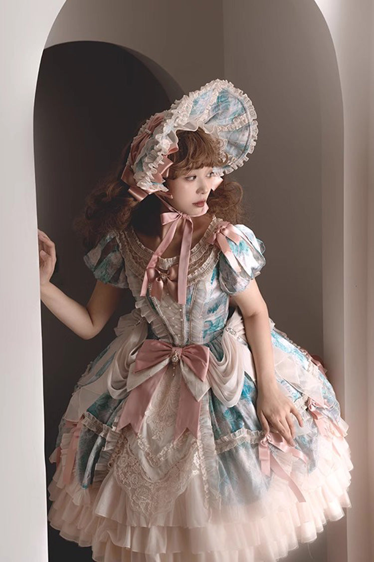 Angel Heart Sky Oil Painting Printed Bow Cardigan Sweet Lolita Dress - Multi-Color