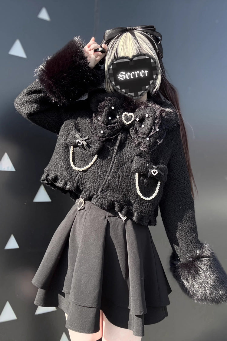 Black Bow-Trimmed Wool-Blend Gothic Jirai Kei Short Jacket