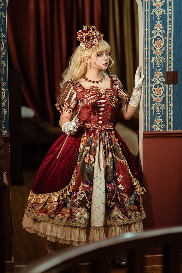 Red Kaleidoscope of Dreams Double-Layer Print Embroidery Bow Lace-Up Classic Vintage Gorgeous Lolita