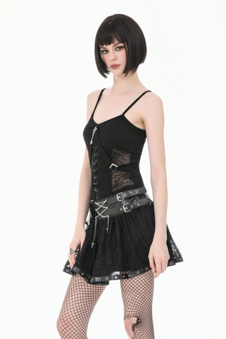 Gothic Mini Skirt with Chain Eyelet Buckled Straps Lace