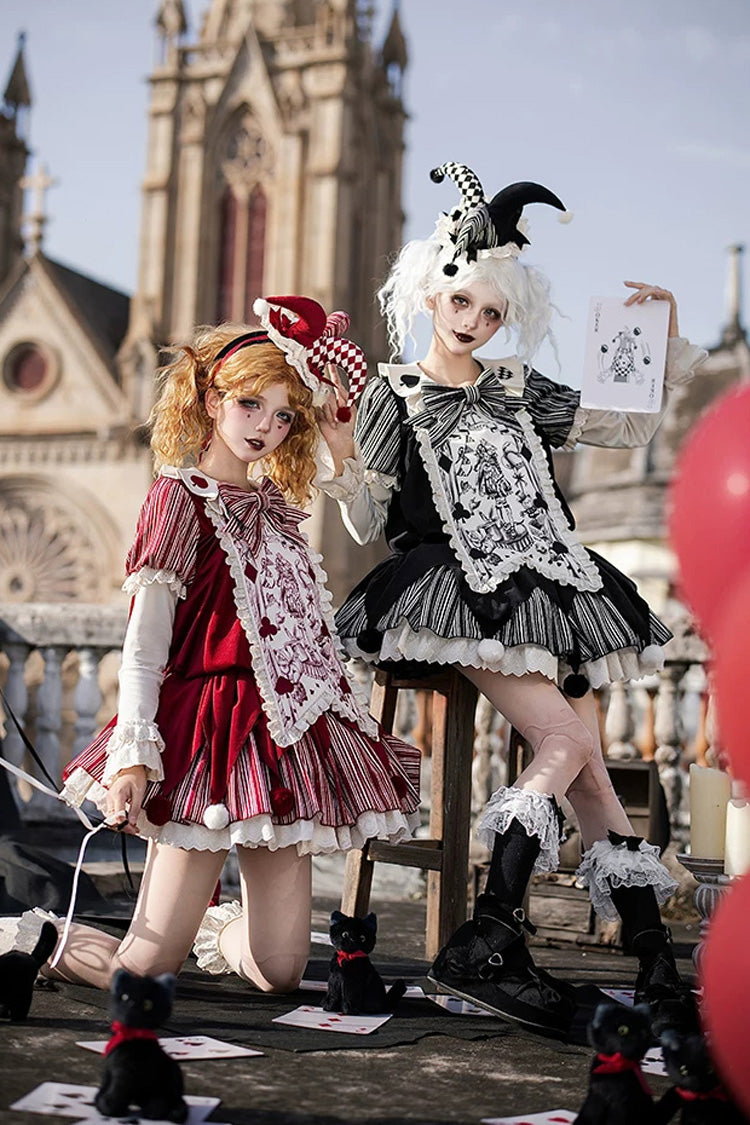 Gothic Lolita Dress Set with Ruffled Bow and Long Sleeves - Red