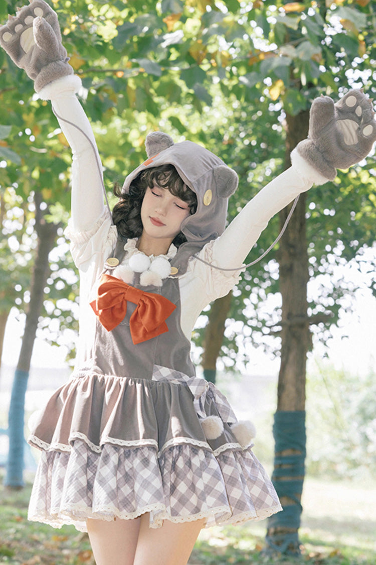 Grey Cute Grizzly Bear Plaid Bowknot Sweet Lolita Jsk Dress