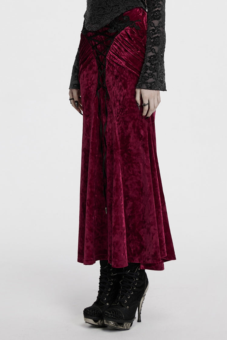 Crimson & Noir High-Waist Lace-Up Fishtail Skirt with Gothic Flair
