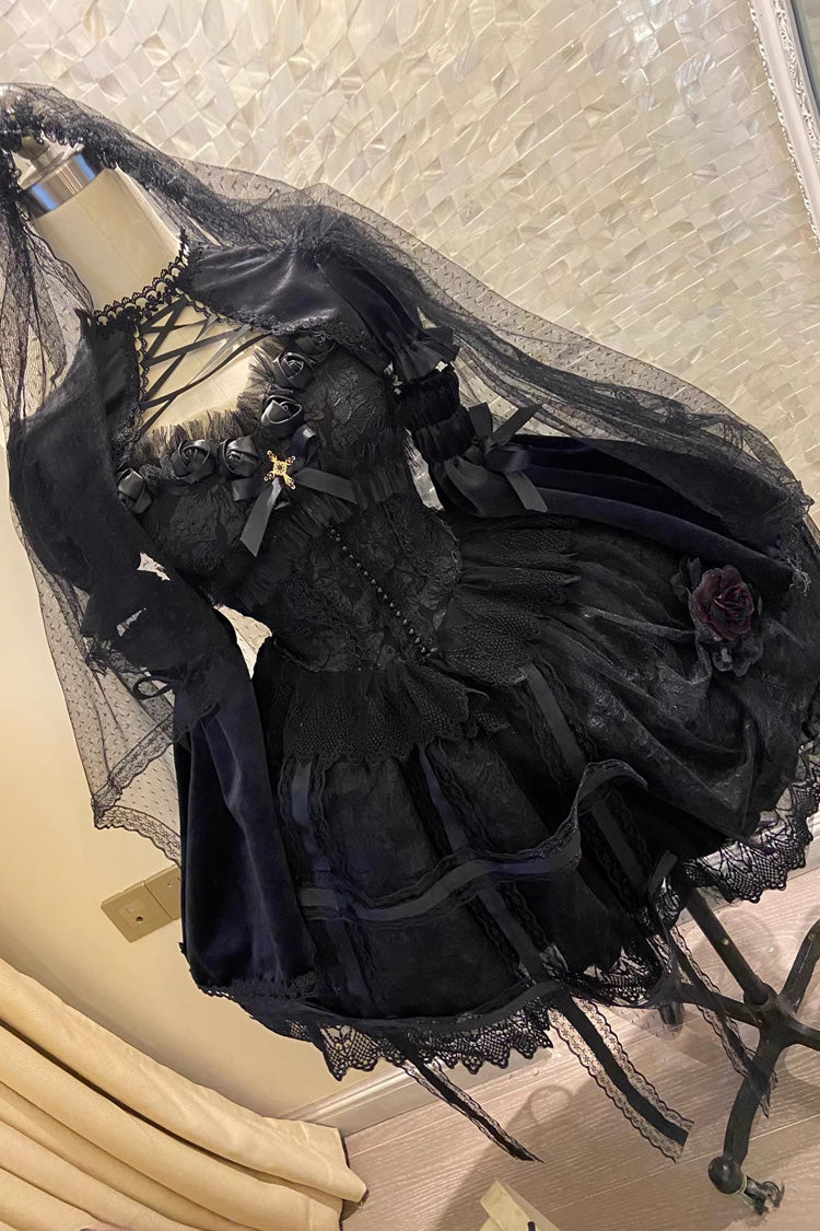 Black Elegant Lolita JSK Dress with Ruffle and Lace Mesh Gothic Style