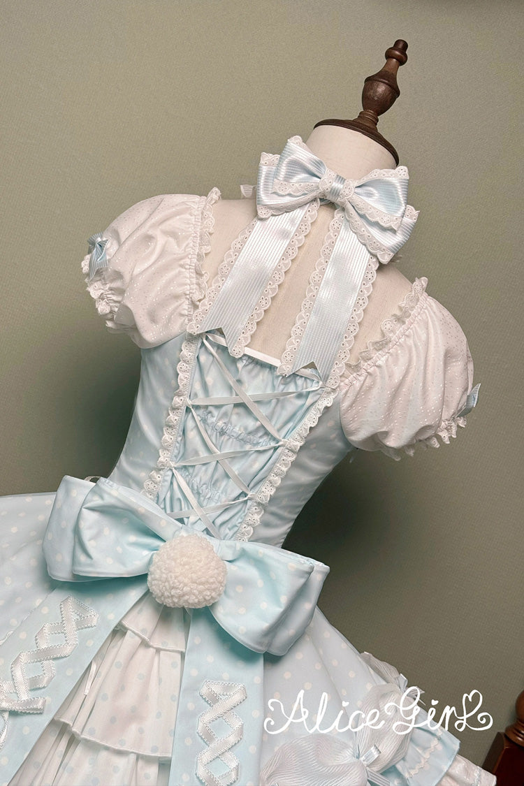 Blue Halterneck Short Sleeve Triple-Layered Polka Dot Bow Lace-Up Sweet Dress