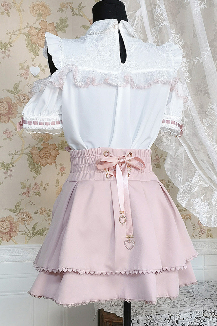 Blush & White Lapel Collar Short-Sleeve Double Ruffled Bow Sweet Jirai Kei Set