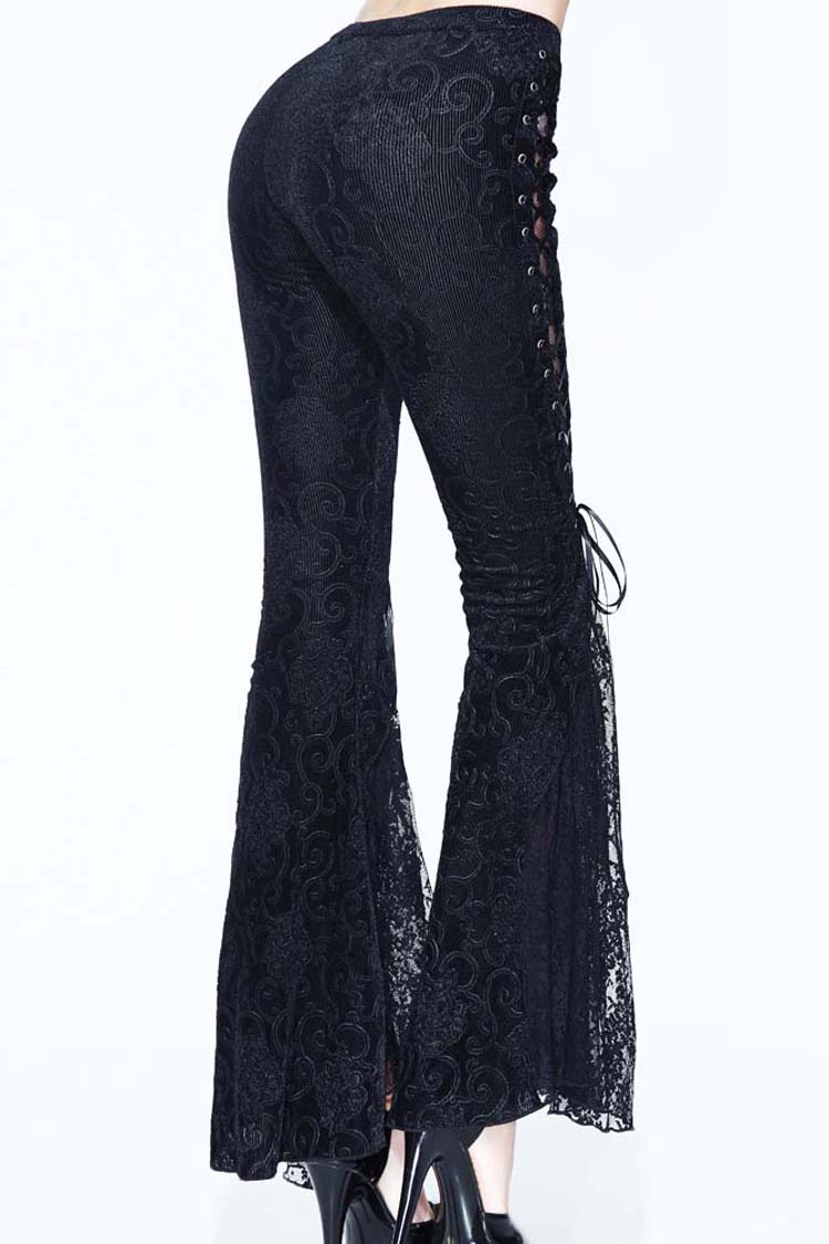 Lace-Up Flared Velveteen Gothic Pants with Pattern