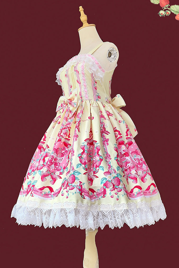 Sleeveless Bowknot Lace Sweet JSK with Print - Strawberry Chef