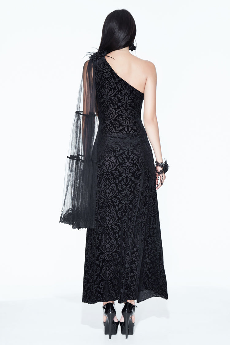 Feather Lace Velvet Gothic Dress with One Shoulder