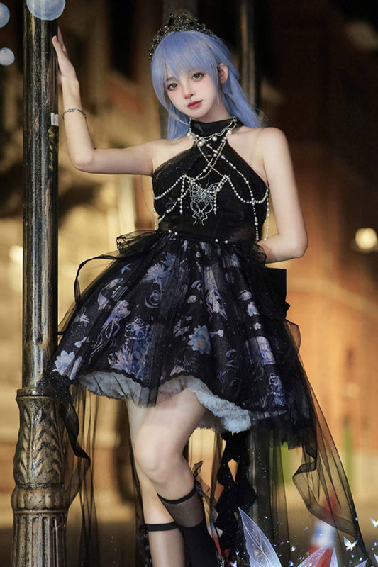 Blue Halterneck Sleeveless Embroidery Bowknot Lace Elegant JSK Dress
