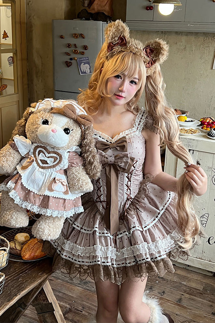 Chocolate Sleeveless Lace-Up Bow Princess JSK with Double Layers