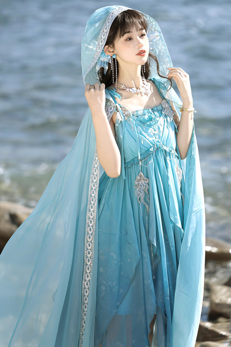 Gradient Print Irregular Hooded Sweet Lolita Jumper Dress Cloak Set - Blue