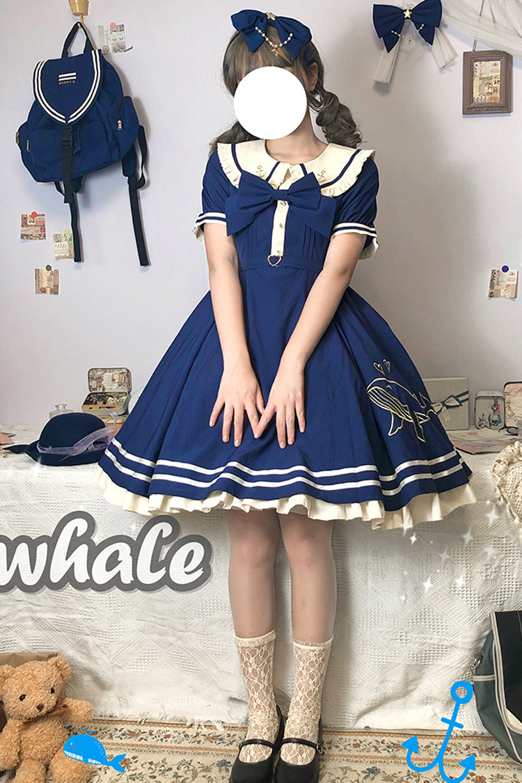 Navy Sailor Short Sleeve Sweet Lolita Dress with Whale Print