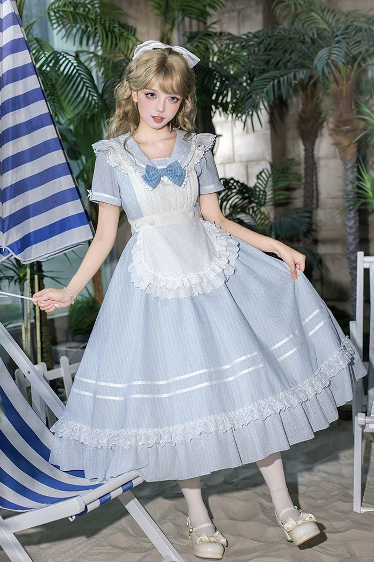 Sweet Lolita Dress with Printed Ruffled Bow and Navy Collar - Blue