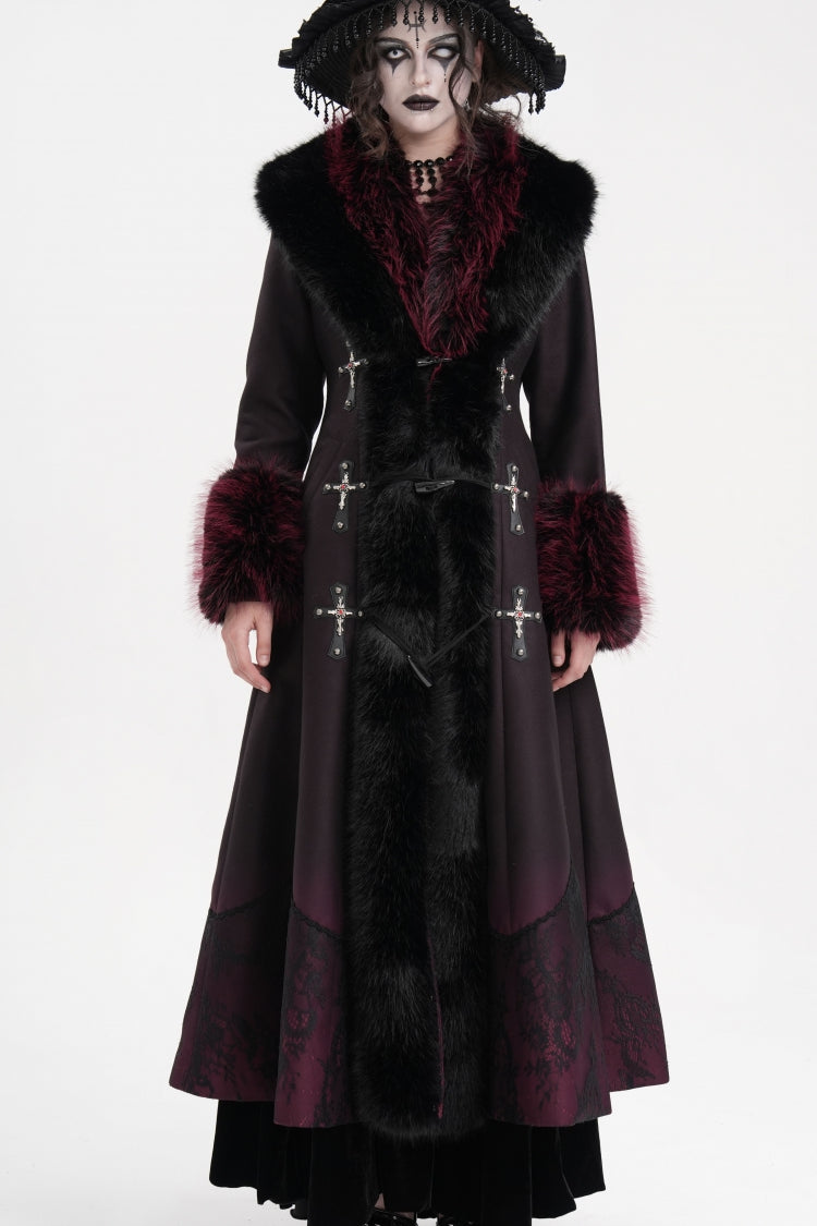 Noir & Scarlet Cross-Laced Lace Gothic Long Coat