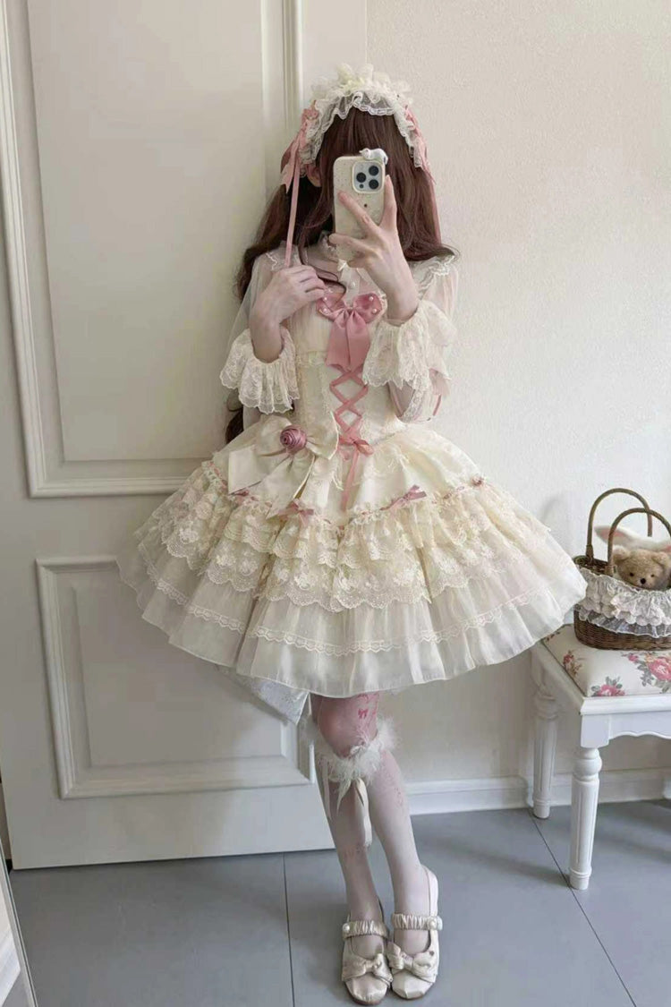 Apricot Sweet Lolita JSK Dress with Multi-Layer Bowknot Lace-Up and Pearl Ballet Details