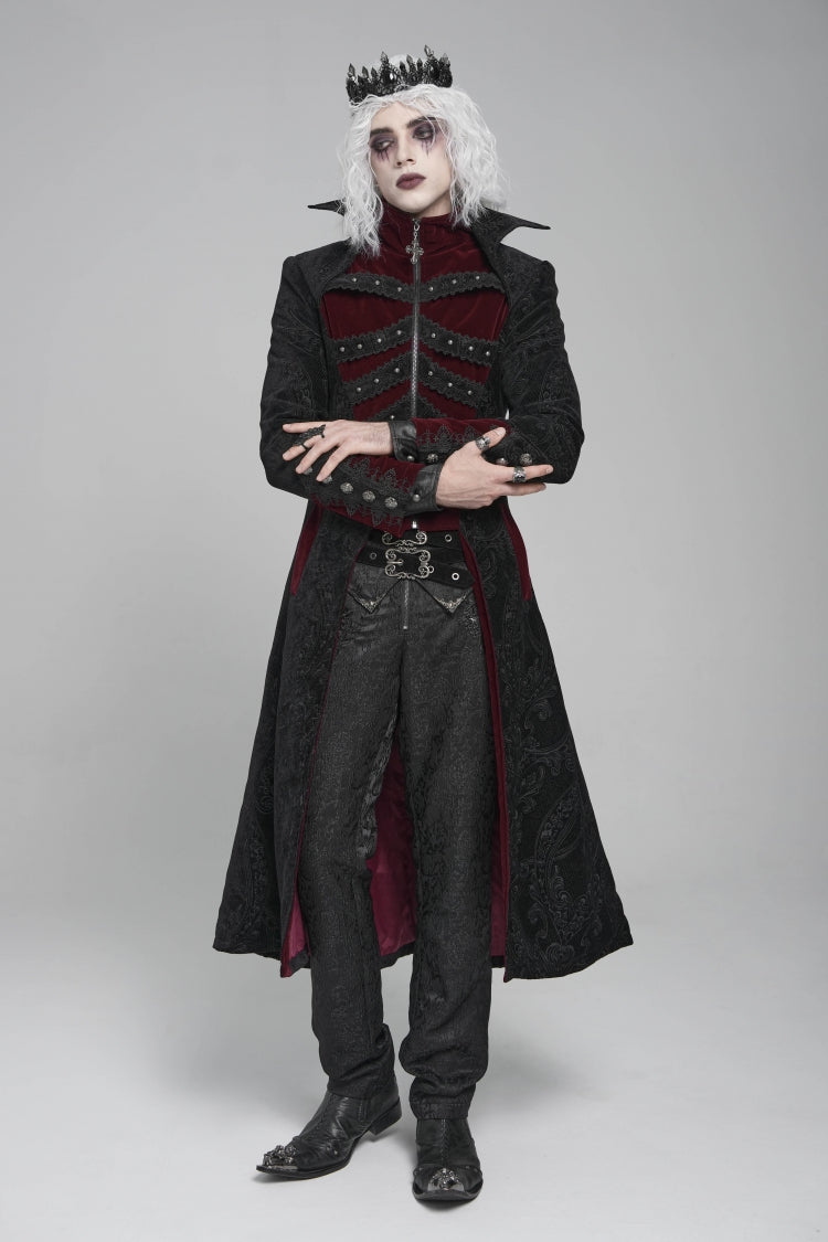 Noir & Red Crystal-Trimmed Printed Zip Gothic Overcoat