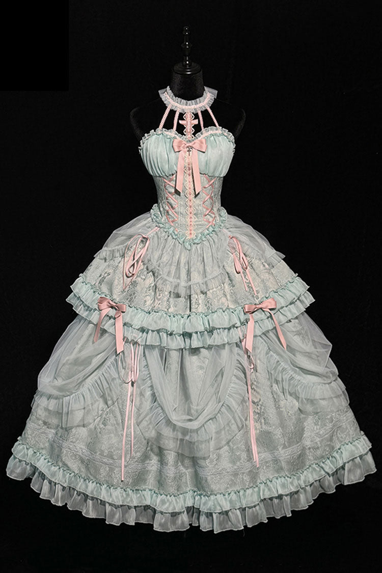 Green Cross Halterneck Lace-Up Sweet Lolita Dress - Ruffled Bowknot Lace