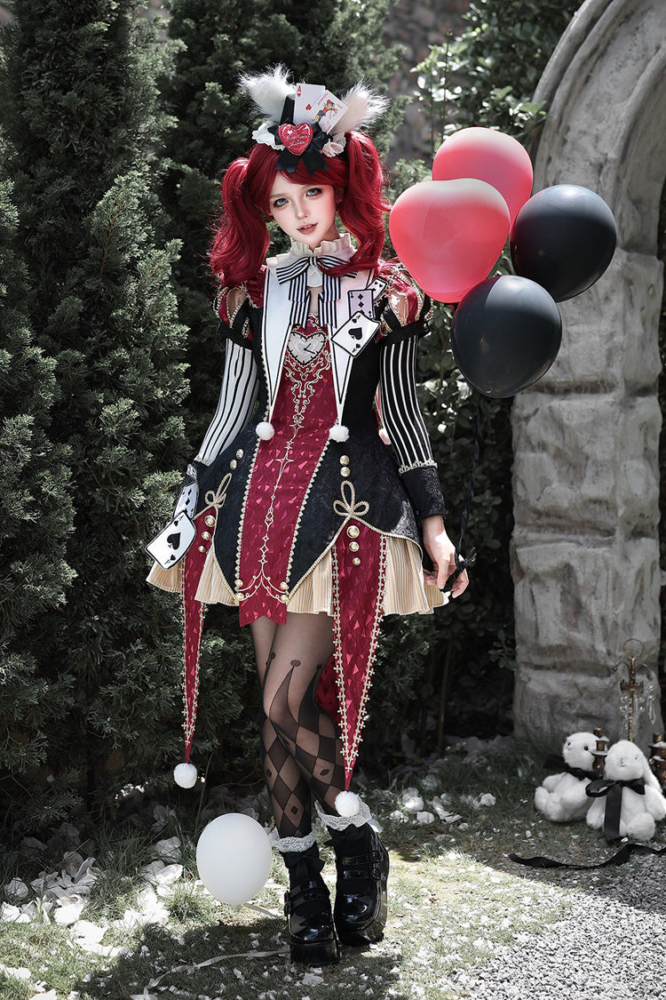 Black/Red Stand Collar Gothic Dress Set with Jacquard