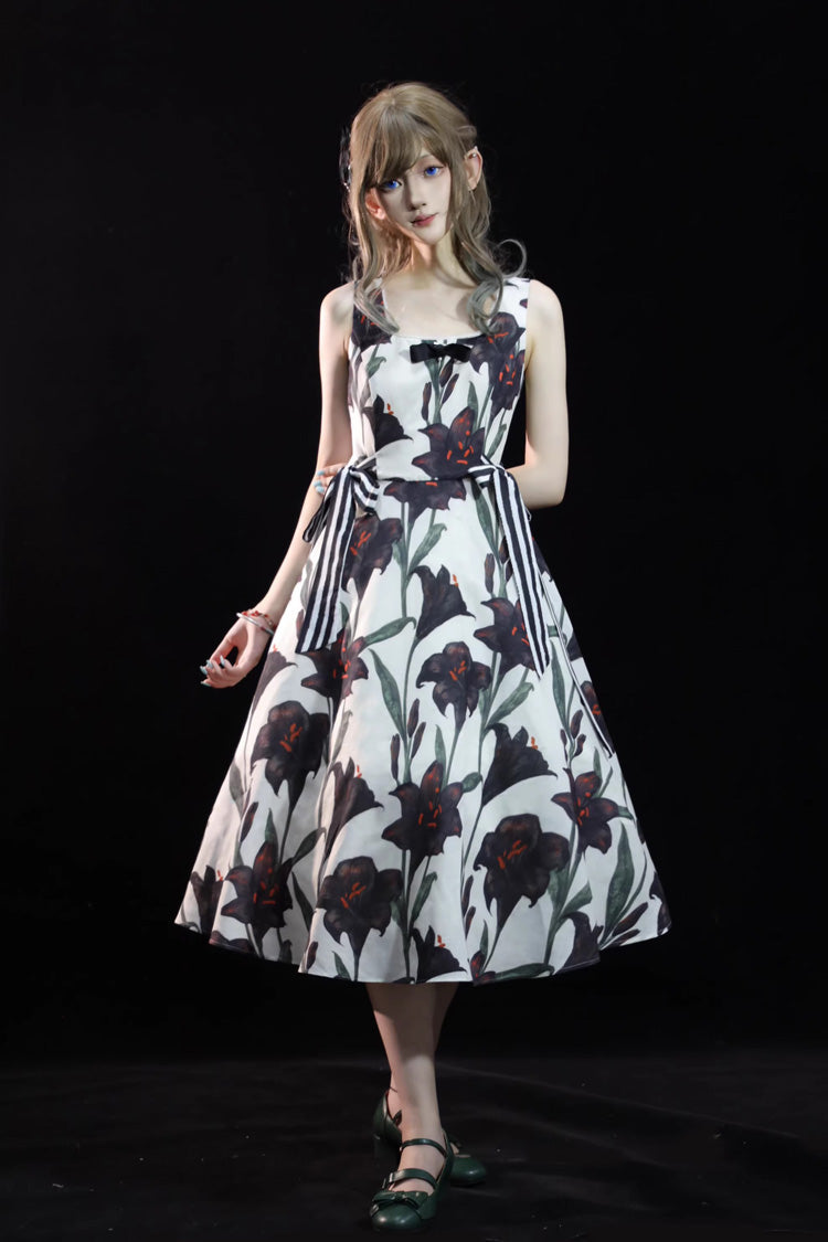 Ivory Square Neck Sleeveless Black Lily Print Bow Gothic Lolita JSK