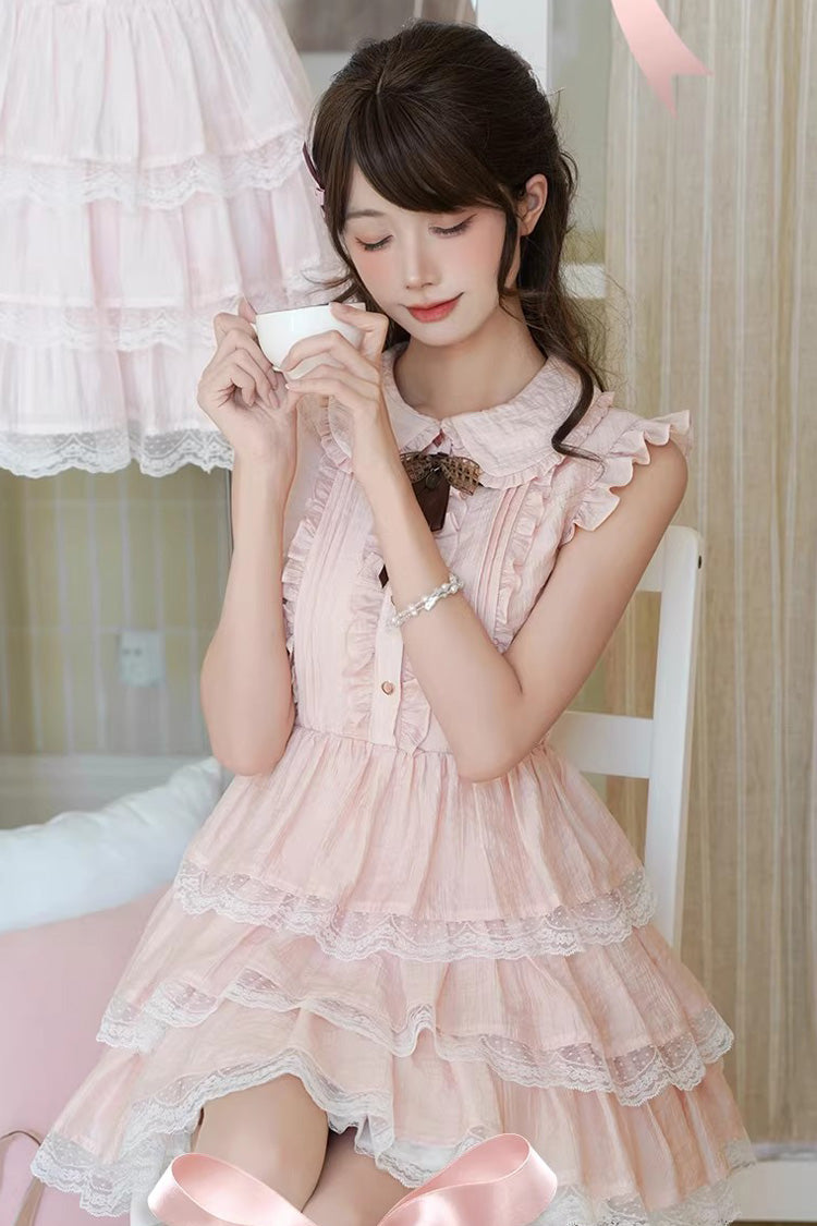 Pink Triple-Ruffle Lace Dress with Bow Accent