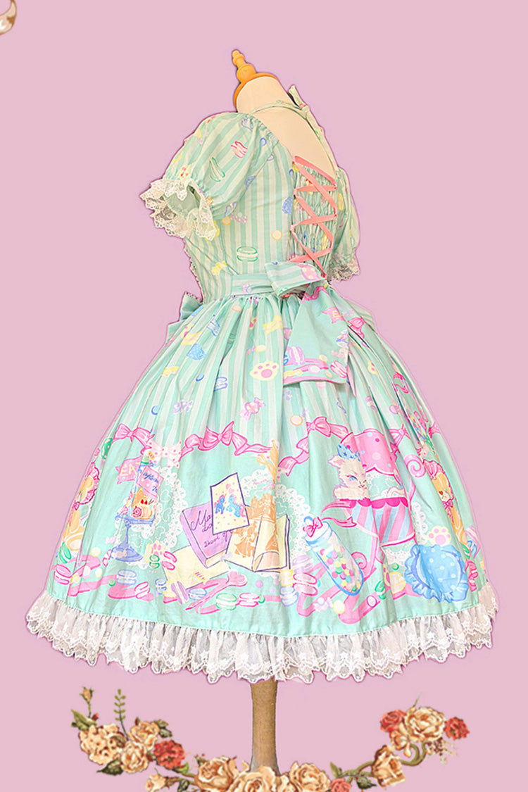 Green Square Collar Lantern Sleeve Sweet Lolita Dress with Bow Print - Macarons Dolly House