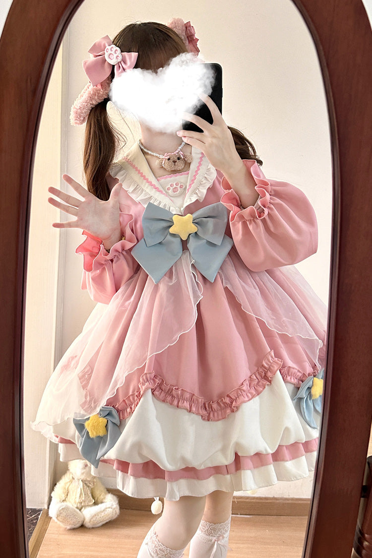Pray Star Sweet Lolita Dress with Double Ruffles and Stitching