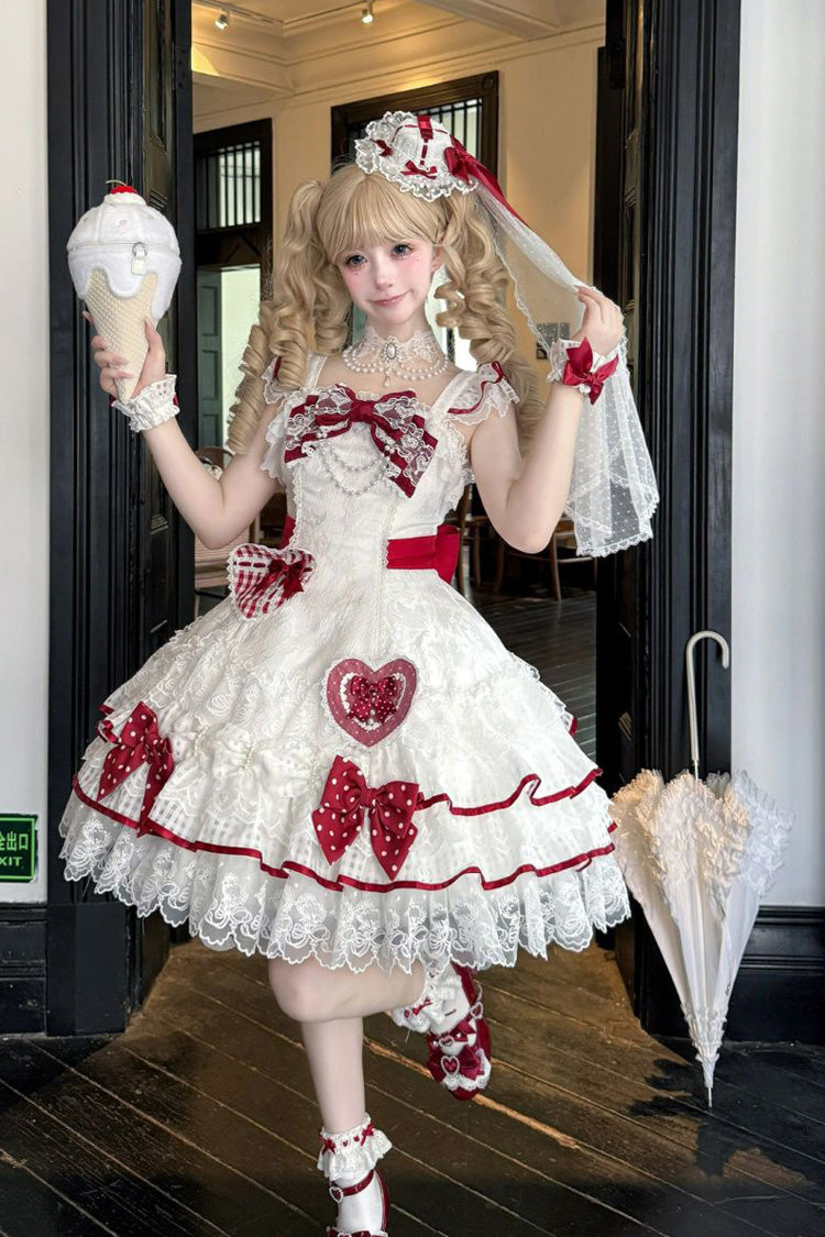 Ivory Polka Dot Love Letter Sleeveless Double Bow Pearl Accent Lolita JSK