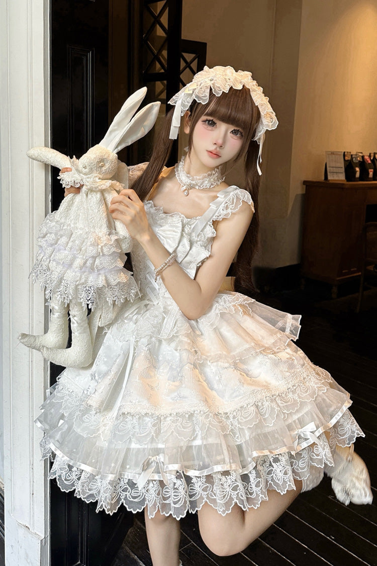 Ivory Sleeveless Ruffle Bow Lace Slim Sweet Ballet JSK