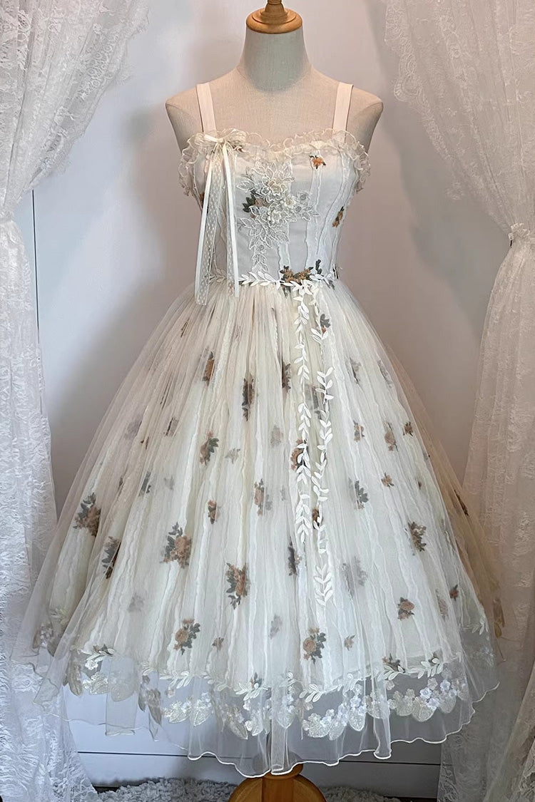 Charming Apricot Embroidered Lace Print Sweet Lolita JSK Dress