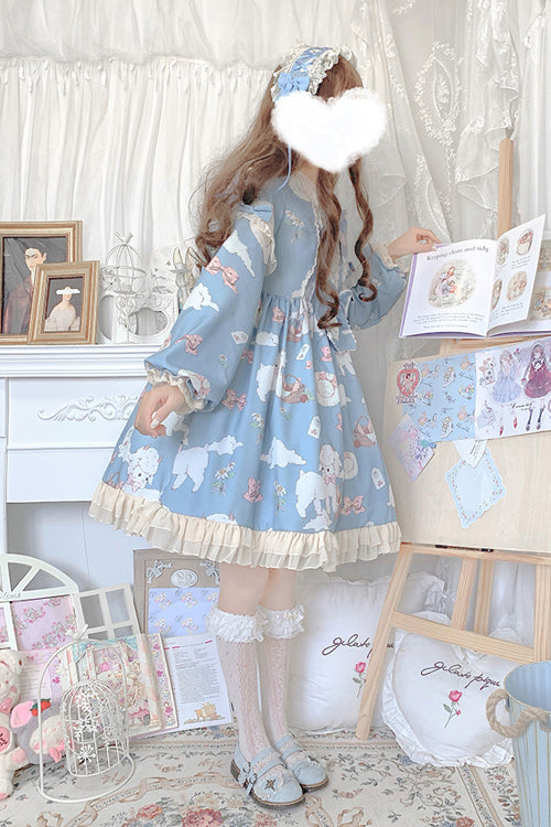 Sweet Lolita OP Dress with Sheep Print and Lantern Sleeves